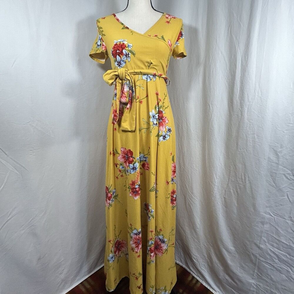 Mother Bee Maternity Yellow Pink Floral Maxi Dress Soft Stretchy Belted Size Med